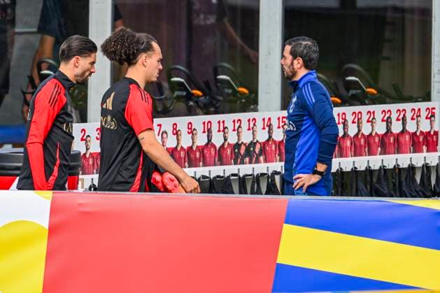 Belgium Media Activities UEFA EURO, EM, Europameisterschaft,Fussball 2024 12 06 2024 FREIBERG AM NECKA, GERMANY - JUNE 12 : Carrasco Yannick forward of Belgium, Theate Arthur defender of Belgium arriving for training practice during a training session of the Belgian Red Devils at the UEFA Euro 2024 European Football Championship tournament on June 12, 2024 in Freiberg am Necka, Germany, 12 06 2024 Freiberg am Necka Germany  Copyright: xVincentxKalutx