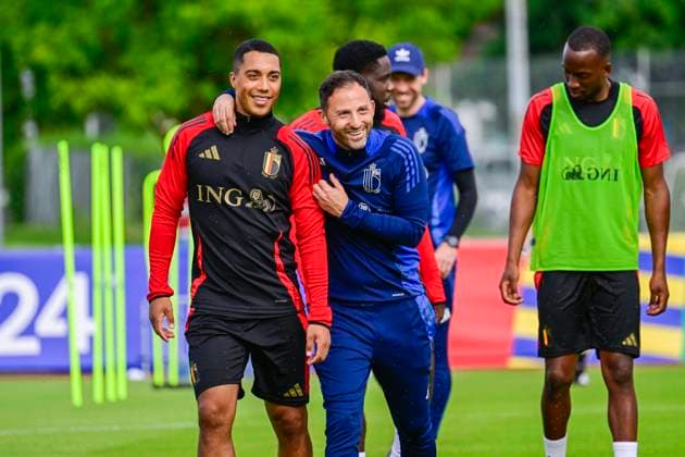 Belgium Media Activities UEFA EURO, EM, Europameisterschaft,Fussball 2024 12 06 2024 FREIBERG AM NECKA, GERMANY - JUNE 12 : Tielemans Youri midfielder of Belgium, Tedesco Domenico head coach of Belgian Team during a training session of the Belgian Red Devils at the UEFA Euro 2024 European Football Championship tournament on June 12, 2024 in Freiberg am Necka, Germany, 12 06 2024 Freiberg am Necka Germany  Copyright: xPoox