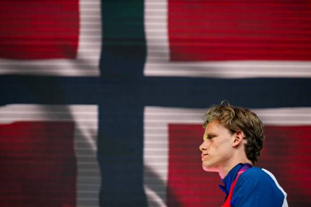 240612 Sander Aae Skotheim of Norway celebrates on the podium after men s decathlon during day 6 of the 2024 European Athletics Championships on June 12, 2024 in Rome. Photo: Vegard Grott BILDBYRAN kod VG VG0622 bbeng friidrott athletics friidrett friidrotts-em em friidretts-em 2024 european athletics championships jubel Copyright: VEGARDxGRoTT BB240612VG006_20240612