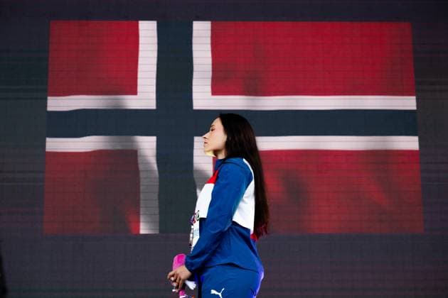 240612 Marie-Therese Obst of Norway celebrates on the podium after women s javelin throw final during day 6 of the 2024 European Athletics Championships on June 12, 2024 in Rome. Photo: Vegard Grott BILDBYRAN kod VG VG0622 bbeng friidrott athletics friidrett friidrotts-em em friidretts-em 2024 european athletics championships jubel Copyright: VEGARDxGRoTT BB240612VG008_20240612