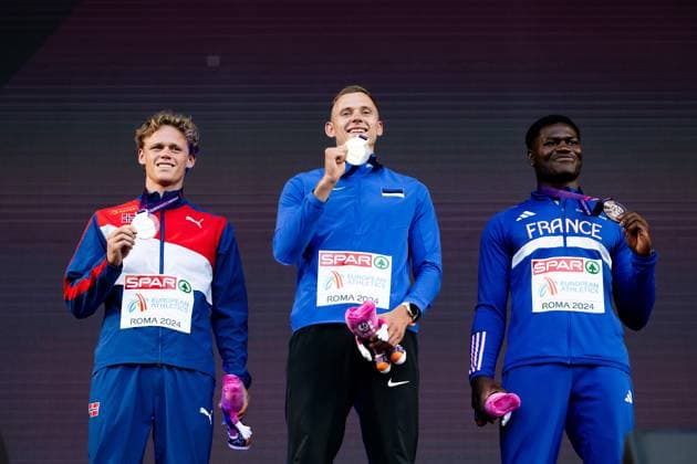 240612 Sander Aae Skotheim of Norway, Johannes Erm of Estonia and Makenson Gletty of France celebrate on the podium after men s decathlon during day 6 of the 2024 European Athletics Championships on June 12, 2024 in Rome. Photo: Vegard Grott BILDBYRAN kod VG VG0622 bbeng friidrott athletics friidrett friidrotts-em em friidretts-em 2024 european athletics championships jubel Copyright: VEGARDxGRoTT BB240612VG011_20240612