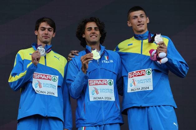 Rome, Italy 12.06.2024: Gianmarco TAMBERI , Vladyslav LAVSKYY, Oleh DOROSHCHUK during High Jump Men Medal Ceremony in European Athletics Championships 2024 at Olympic Stadium in Rome  Copyright: xMarcoxIacobucci IPAxSportx xipa-x xx IPA_47062274 IPA_Agency_IPA47062274_20240612