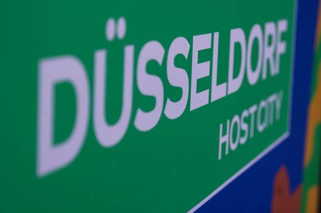 Fussball, UEFA EURO, EM, Europameisterschaft,Fussball 2024 Host City Düsseldorf vor dem Start der Europameisterschaft 2024 12.06.2024, Düsseldorf Schriftzug Düsseldorf Host City Düsseldorf Nordrhein-Westfahlen Deutschland