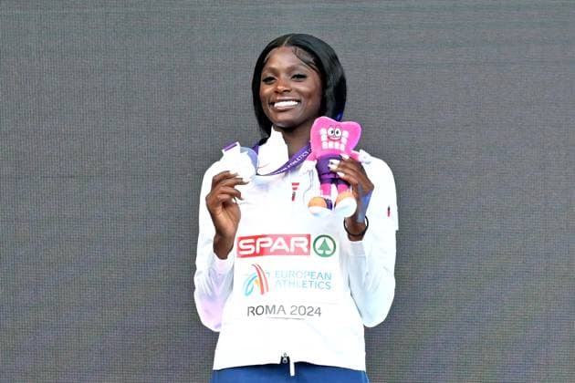 12th June 2024; Olympic Stadium, Rome, Italy; 2024 European Athletic Championships, Day 6; Daryll NEITA (GBR) celebrates after winning silver in the 200m Womens final  ActionPlus1265375620240612 AllShotLive