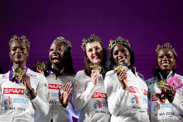 Sport Themen der Woche KW24 Sport Bilder des Tages 240612 Dina Asher-Smith, Desiree Henry,Amy Hunt and Daryll Neita of Great Britain celebrate on the podium after women?s 4x100 meters relay final during day 6 of the 2024 European Athletics Championships on June 12, 2024 in Rome. Photo: Joel Marklund BILDBYRAN kod JM VG0622 bbeng friidrott athletics friidrett friidrotts-em em friidretts-em 2024 european athletics championships jubel *** 240612 Dina Asher Smith, Desiree Henry, Amy Hunt and Daryll Neita of Great Britain celebrate on the podium after women?s 4x100 meters relay final during day 6 of the 2024 European Athletics Championships on June 12, 2024 in Rome Photo Joel Marklund BILDBYRAN kod JM VG0622 bbeng friidrott athletics friidrett friidrotts em em friidretts em 2024 european athletics championships jubel  Copyright: JOELxMARKLUND BB240612JM134_20240613