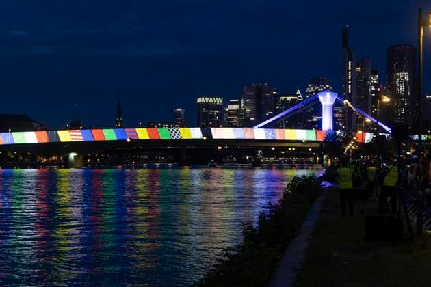 Lichtershow Flößerbrücke Frankfurt am Main zur Eröffnung der Fanmeile, 12.06.2024 Lichtershow Flößerbrücke Frankfurt, Frankfurt am Main, Weseler Werft, 12.6.2024 Copyright: xBEAUTIFULxSPORTS Gawlikx