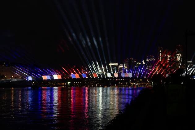 Lichtershow Flößerbrücke Frankfurt am Main zur Eröffnung der Fanmeile, 12.06.2024 Lichtershow Flößerbrücke Frankfurt, Frankfurt am Main, Weseler Werft, 12.6.2024 Copyright: xBEAUTIFULxSPORTS Gawlikx