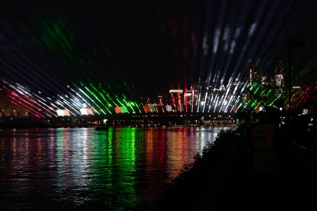 Lichtershow Flößerbrücke Frankfurt am Main zur Eröffnung der Fanmeile, 12.06.2024 Lichtershow Flößerbrücke Frankfurt, Frankfurt am Main, Weseler Werft, 12.6.2024 Copyright: xBEAUTIFULxSPORTS Gawlikx