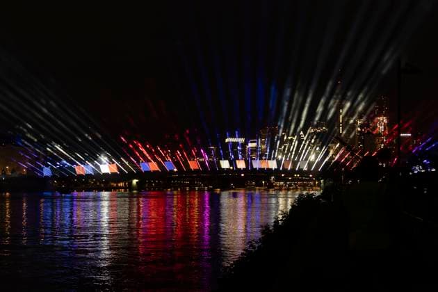 Lichtershow Flößerbrücke Frankfurt am Main zur Eröffnung der Fanmeile, 12.06.2024 Lichtershow Flößerbrücke Frankfurt, Frankfurt am Main, Weseler Werft, 12.6.2024 Copyright: xBEAUTIFULxSPORTS Gawlikx