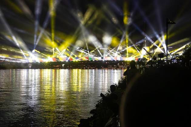 Lichtershow Flößerbrücke Frankfurt am Main zur Eröffnung der Fanmeile, 12.06.2024 Lichtershow Flößerbrücke Frankfurt, Frankfurt am Main, Weseler Werft, 12.6.2024 Copyright: xBEAUTIFULxSPORTS Gawlikx