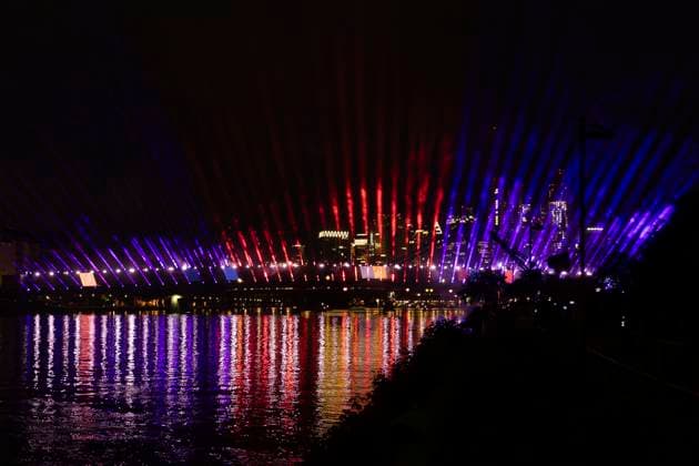 Lichtershow Flößerbrücke Frankfurt am Main zur Eröffnung der Fanmeile, 12.06.2024 Lichtershow Flößerbrücke Frankfurt, Frankfurt am Main, Weseler Werft, 12.6.2024 Copyright: xBEAUTIFULxSPORTS Gawlikx