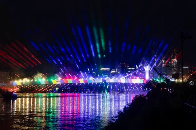 Lichtershow Flößerbrücke Frankfurt am Main zur Eröffnung der Fanmeile, 12.06.2024 Lichtershow Flößerbrücke Frankfurt, Frankfurt am Main, Weseler Werft, 12.6.2024 Copyright: xBEAUTIFULxSPORTS Gawlikx