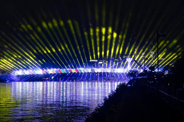 Lichtershow Flößerbrücke Frankfurt am Main zur Eröffnung der Fanmeile, 12.06.2024 Lichtershow Flößerbrücke Frankfurt, Frankfurt am Main, Weseler Werft, 12.6.2024 Copyright: xBEAUTIFULxSPORTS Gawlikx