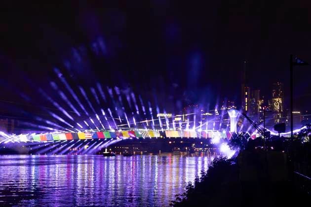 Lichtershow Flößerbrücke Frankfurt am Main zur Eröffnung der Fanmeile, 12.06.2024 Lichtershow Flößerbrücke Frankfurt, Frankfurt am Main, Weseler Werft, 12.6.2024 Copyright: xBEAUTIFULxSPORTS Gawlikx