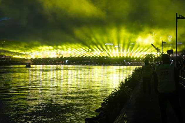 Lichtershow Flößerbrücke Frankfurt am Main zur Eröffnung der Fanmeile, 12.06.2024 Lichtershow Flößerbrücke Frankfurt, Frankfurt am Main, Weseler Werft, 12.6.2024 Copyright: xBEAUTIFULxSPORTS Gawlikx