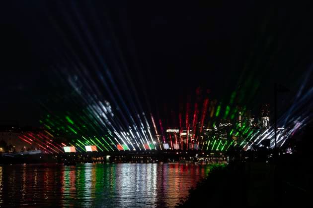 Lichtershow Flößerbrücke Frankfurt am Main zur Eröffnung der Fanmeile, 12.06.2024 Lichtershow Flößerbrücke Frankfurt, Frankfurt am Main, Weseler Werft, 12.6.2024 Copyright: xBEAUTIFULxSPORTS Gawlikx