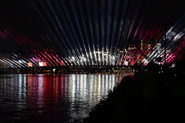 Lichtershow Flößerbrücke Frankfurt am Main zur Eröffnung der Fanmeile, 12.06.2024 Lichtershow Flößerbrücke Frankfurt, Frankfurt am Main, Weseler Werft, 12.6.2024 Copyright: xBEAUTIFULxSPORTS Gawlikx