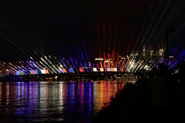 Lichtershow Flößerbrücke Frankfurt am Main zur Eröffnung der Fanmeile, 12.06.2024 Lichtershow Flößerbrücke Frankfurt, Frankfurt am Main, Weseler Werft, 12.6.2024 Copyright: xBEAUTIFULxSPORTS Gawlikx