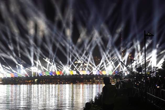 Lichtershow Flößerbrücke Frankfurt am Main zur Eröffnung der Fanmeile, 12.06.2024 Lichtershow Flößerbrücke Frankfurt, Frankfurt am Main, Weseler Werft, 12.6.2024 Copyright: xBEAUTIFULxSPORTS Gawlikx