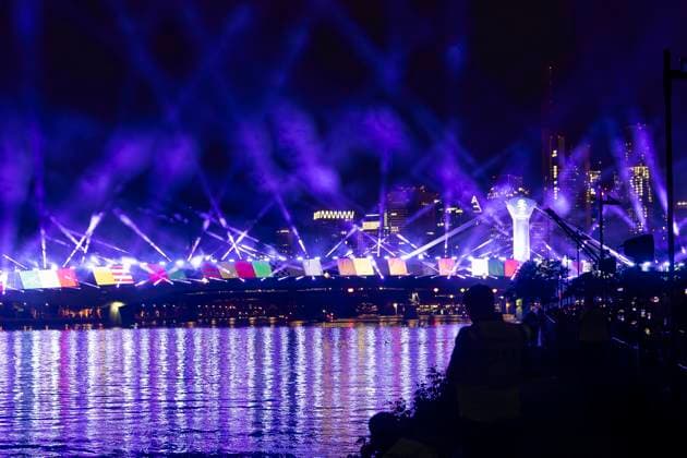 Lichtershow Flößerbrücke Frankfurt am Main zur Eröffnung der Fanmeile, 12.06.2024 Lichtershow Flößerbrücke Frankfurt, Frankfurt am Main, Weseler Werft, 12.6.2024 Copyright: xBEAUTIFULxSPORTS Gawlikx