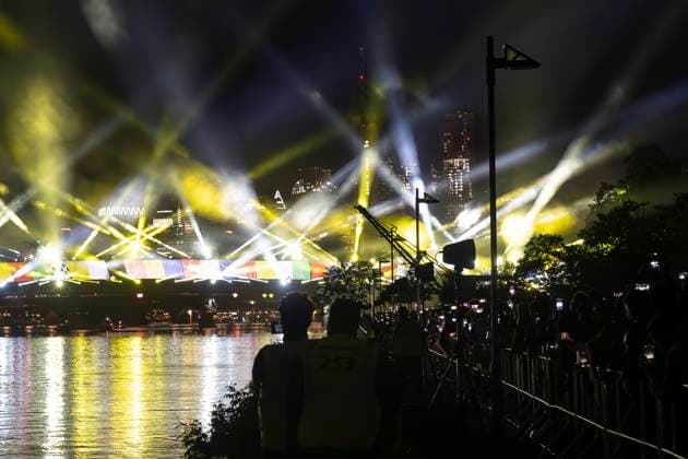 Lichtershow Flößerbrücke Frankfurt am Main zur Eröffnung der Fanmeile, 12.06.2024 Lichtershow Flößerbrücke Frankfurt, Frankfurt am Main, Weseler Werft, 12.6.2024 Copyright: xBEAUTIFULxSPORTS Gawlikx