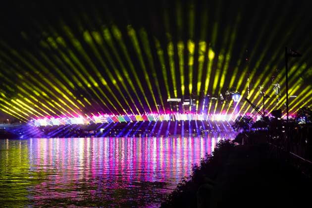 Lichtershow Flößerbrücke Frankfurt am Main zur Eröffnung der Fanmeile, 12.06.2024 Lichtershow Flößerbrücke Frankfurt, Frankfurt am Main, Weseler Werft, 12.6.2024 Copyright: xBEAUTIFULxSPORTS Gawlikx
