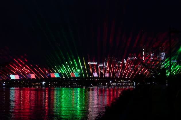 Lichtershow Flößerbrücke Frankfurt am Main zur Eröffnung der Fanmeile, 12.06.2024 Lichtershow Flößerbrücke Frankfurt, Frankfurt am Main, Weseler Werft, 12.6.2024 Copyright: xBEAUTIFULxSPORTS Gawlikx