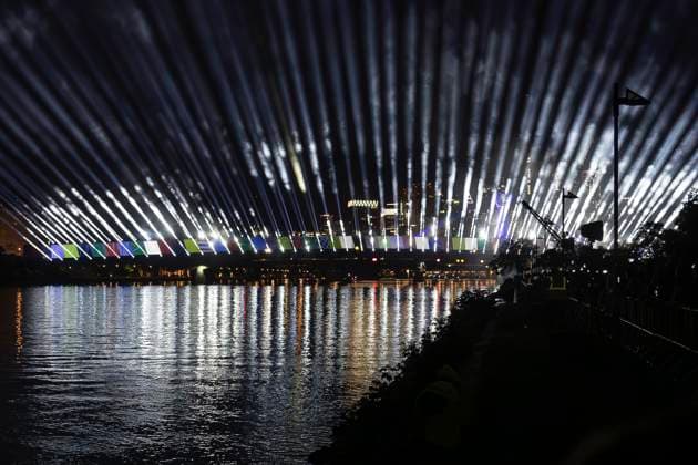 Lichtershow Flößerbrücke Frankfurt am Main zur Eröffnung der Fanmeile, 12.06.2024 Lichtershow Flößerbrücke Frankfurt, Frankfurt am Main, Weseler Werft, 12.6.2024 Copyright: xBEAUTIFULxSPORTS Gawlikx