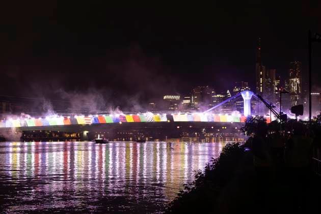 Lichtershow Flößerbrücke Frankfurt am Main zur Eröffnung der Fanmeile, 12.06.2024 Lichtershow Flößerbrücke Frankfurt, Frankfurt am Main, Weseler Werft, 12.6.2024 Copyright: xBEAUTIFULxSPORTS Gawlikx