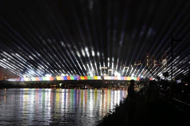 Lichtershow Flößerbrücke Frankfurt am Main zur Eröffnung der Fanmeile, 12.06.2024 Lichtershow Flößerbrücke Frankfurt, Frankfurt am Main, Weseler Werft, 12.6.2024 Copyright: xBEAUTIFULxSPORTS Gawlikx