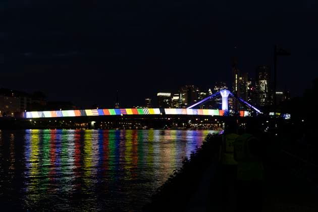 Lichtershow Flößerbrücke Frankfurt am Main zur Eröffnung der Fanmeile, 12.06.2024 Lichtershow Flößerbrücke Frankfurt, Frankfurt am Main, Weseler Werft, 12.6.2024 Copyright: xBEAUTIFULxSPORTS Gawlikx