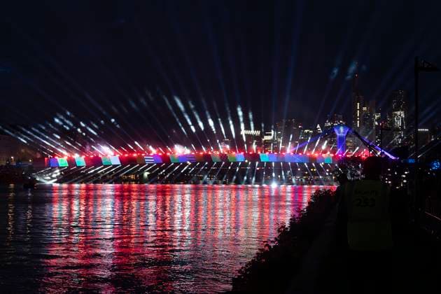 Lichtershow Flößerbrücke Frankfurt am Main zur Eröffnung der Fanmeile, 12.06.2024 Lichtershow Flößerbrücke Frankfurt, Frankfurt am Main, Weseler Werft, 12.6.2024 Copyright: xBEAUTIFULxSPORTS Gawlikx