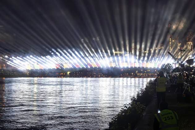 Lichtershow Flößerbrücke Frankfurt am Main zur Eröffnung der Fanmeile, 12.06.2024 Lichtershow Flößerbrücke Frankfurt, Frankfurt am Main, Weseler Werft, 12.6.2024 Copyright: xBEAUTIFULxSPORTS Gawlikx
