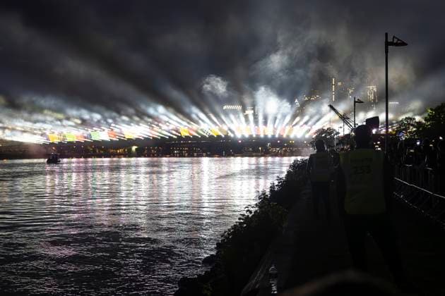 Lichtershow Flößerbrücke Frankfurt am Main zur Eröffnung der Fanmeile, 12.06.2024 Lichtershow Flößerbrücke Frankfurt, Frankfurt am Main, Weseler Werft, 12.6.2024 Copyright: xBEAUTIFULxSPORTS Gawlikx
