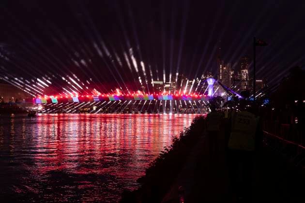 Lichtershow Flößerbrücke Frankfurt am Main zur Eröffnung der Fanmeile, 12.06.2024 Lichtershow Flößerbrücke Frankfurt, Frankfurt am Main, Weseler Werft, 12.6.2024 Copyright: xBEAUTIFULxSPORTS Gawlikx