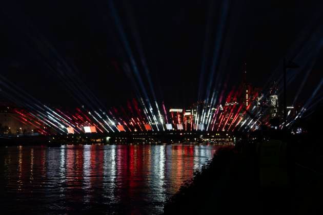 Lichtershow Flößerbrücke Frankfurt am Main zur Eröffnung der Fanmeile, 12.06.2024 Lichtershow Flößerbrücke Frankfurt, Frankfurt am Main, Weseler Werft, 12.6.2024 Copyright: xBEAUTIFULxSPORTS Gawlikx