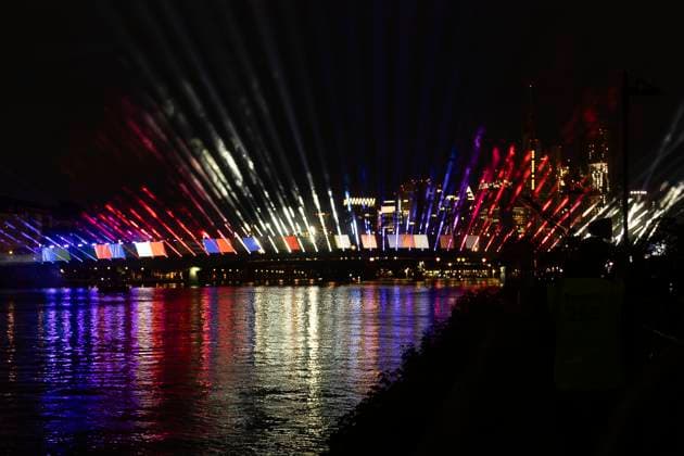 Lichtershow Flößerbrücke Frankfurt am Main zur Eröffnung der Fanmeile, 12.06.2024 Lichtershow Flößerbrücke Frankfurt, Frankfurt am Main, Weseler Werft, 12.6.2024 Copyright: xBEAUTIFULxSPORTS Gawlikx