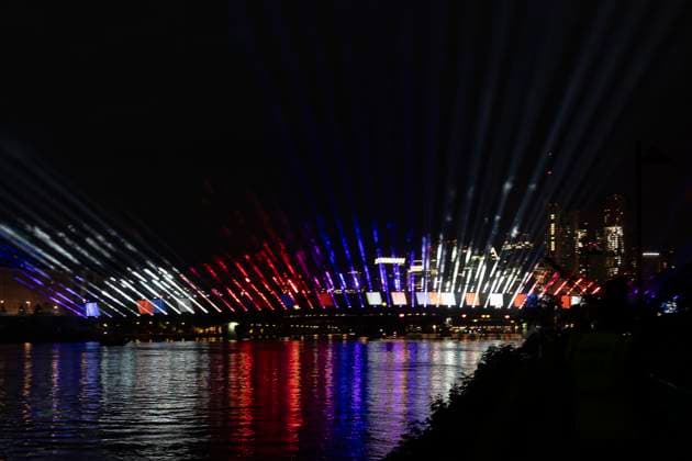 Lichtershow Flößerbrücke Frankfurt am Main zur Eröffnung der Fanmeile, 12.06.2024 Lichtershow Flößerbrücke Frankfurt, Frankfurt am Main, Weseler Werft, 12.6.2024 Copyright: xBEAUTIFULxSPORTS Gawlikx