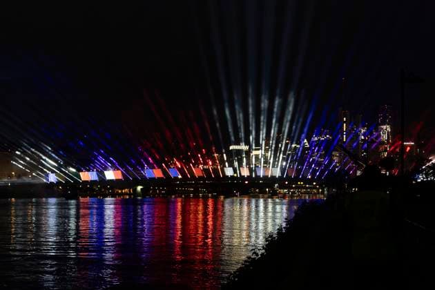 Lichtershow Flößerbrücke Frankfurt am Main zur Eröffnung der Fanmeile, 12.06.2024 Lichtershow Flößerbrücke Frankfurt, Frankfurt am Main, Weseler Werft, 12.6.2024 Copyright: xBEAUTIFULxSPORTS Gawlikx