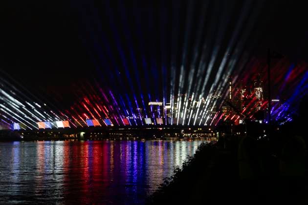 Lichtershow Flößerbrücke Frankfurt am Main zur Eröffnung der Fanmeile, 12.06.2024 Lichtershow Flößerbrücke Frankfurt, Frankfurt am Main, Weseler Werft, 12.6.2024 Copyright: xBEAUTIFULxSPORTS Gawlikx