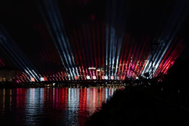 Lichtershow Flößerbrücke Frankfurt am Main zur Eröffnung der Fanmeile, 12.06.2024 Lichtershow Flößerbrücke Frankfurt, Frankfurt am Main, Weseler Werft, 12.6.2024 Copyright: xBEAUTIFULxSPORTS Gawlikx