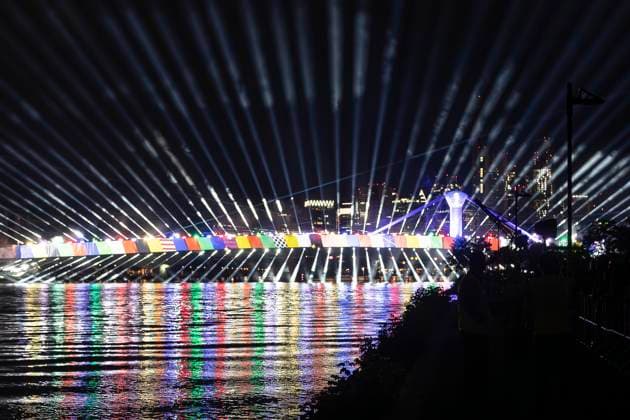 Lichtershow Flößerbrücke Frankfurt am Main zur Eröffnung der Fanmeile, 12.06.2024 Lichtershow Flößerbrücke Frankfurt, Frankfurt am Main, Weseler Werft, 12.6.2024 Copyright: xBEAUTIFULxSPORTS Gawlikx