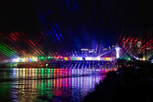 Lichtershow Flößerbrücke Frankfurt am Main zur Eröffnung der Fanmeile, 12.06.2024 Lichtershow Flößerbrücke Frankfurt, Frankfurt am Main, Weseler Werft, 12.6.2024 Copyright: xBEAUTIFULxSPORTS Gawlikx