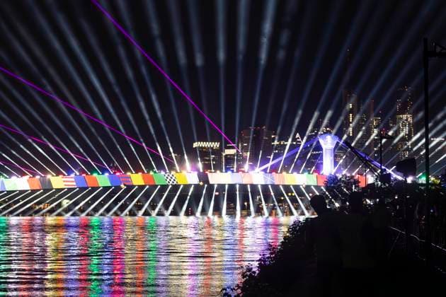 Lichtershow Flößerbrücke Frankfurt am Main zur Eröffnung der Fanmeile, 12.06.2024 Lichtershow Flößerbrücke Frankfurt, Frankfurt am Main, Weseler Werft, 12.6.2024 Copyright: xBEAUTIFULxSPORTS Gawlikx