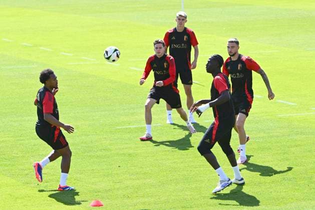 Belgium Media Activities UEFA EURO, EM, Europameisterschaft,Fussball 2024 13 06 2024 FREIBERG AM NECKA, GERMANY - JUNE 13 : Openda Lois forward of Belgium, Onana Amadou midfielder of Belgium during a training session of the Belgian Red Devils at the UEFA Euro 2024 European Football Championship tournament on June 13, 2024 in Freiberg am Necka, Germany, 13 06 2024 Freiberg am Necka Germany  Copyright: xVincentxKalutx