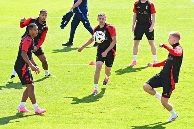 Belgium Media Activities UEFA EURO, EM, Europameisterschaft,Fussball 2024 13 06 2024 FREIBERG AM NECKA, GERMANY - JUNE 13 : Tielemans Youri midfielder of Belgium, Castagne Timothy defender of Belgium, Vermeeren Arthur midfielder of Belgium during a training session of the Belgian Red Devils at the UEFA Euro 2024 European Football Championship tournament on June 13, 2024 in Freiberg am Necka, Germany, 13 06 2024 Freiberg am Necka Germany  Copyright: xVincentxKalutx