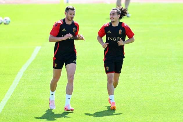 Belgium Media Activities UEFA EURO, EM, Europameisterschaft,Fussball 2024 13 06 2024 FREIBERG AM NECKA, GERMANY - JUNE 13 : Vertonghen Jan defender of Belgium and Theate Arthur defender of Belgium during a training session of the Belgian Red Devils at the UEFA Euro 2024 European Football Championship tournament on June 13, 2024 in Freiberg am Necka, Germany, 13 06 2024 Freiberg am Necka Germany  Copyright: xVincentxKalutx