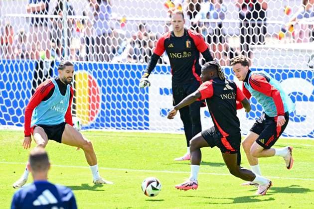 Belgium Media Activities UEFA EURO, EM, Europameisterschaft,Fussball 2024 13 06 2024 FREIBERG AM NECKA, GERMANY - JUNE 13 : Doku Jeremy forward of Belgium, De Cuyper Maxim defender of Belgium, Carrasco Yannick forward of Belgium, Sels Matz goalkeeper of Belgium during a training session of the Belgian Red Devils at the UEFA Euro 2024 European Football Championship tournament on June 13, 2024 in Freiberg am Necka, Germany, 13 06 2024 Freiberg am Necka Germany Copyright: xVincentxKalutx