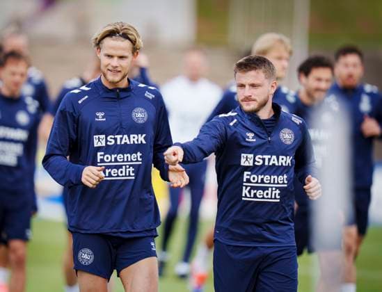 Danish players Morten Hjulmand (L) and Anders Dreyer during the national team, Nationalteam s training in Freudenstadt, Germany, Thursday, June 13, 2024. Denmark plays its first match on Sunday against Slovenia in the EURO 2024 Group C. (Photo: Liselotte Sabroe Ritzau Scanpix) , Freudenstadt Tyskland Copyright: Ritzau Scanpix LiselottexSabroex spdk20240613-114159-L