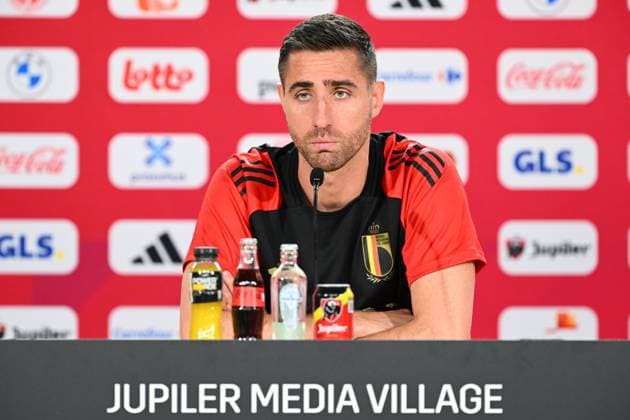 Belgium Media Activities UEFA EURO, EM, Europameisterschaft,Fussball 2024 13 06 2024 FREIBERG AM NECKA, GERMANY - JUNE 13 : Casteels Koen goalkeeper of Belgium talking to the press during a press conference, PK, Pressekonferenz of the Belgian Red Devils at the UEFA Euro 2024 European Football Championship tournament on June 13, 2024 in Freiberg am Necka, Germany, 13 06 2024 Freiberg am Necka Germany  Copyright: xVincentxKalutx